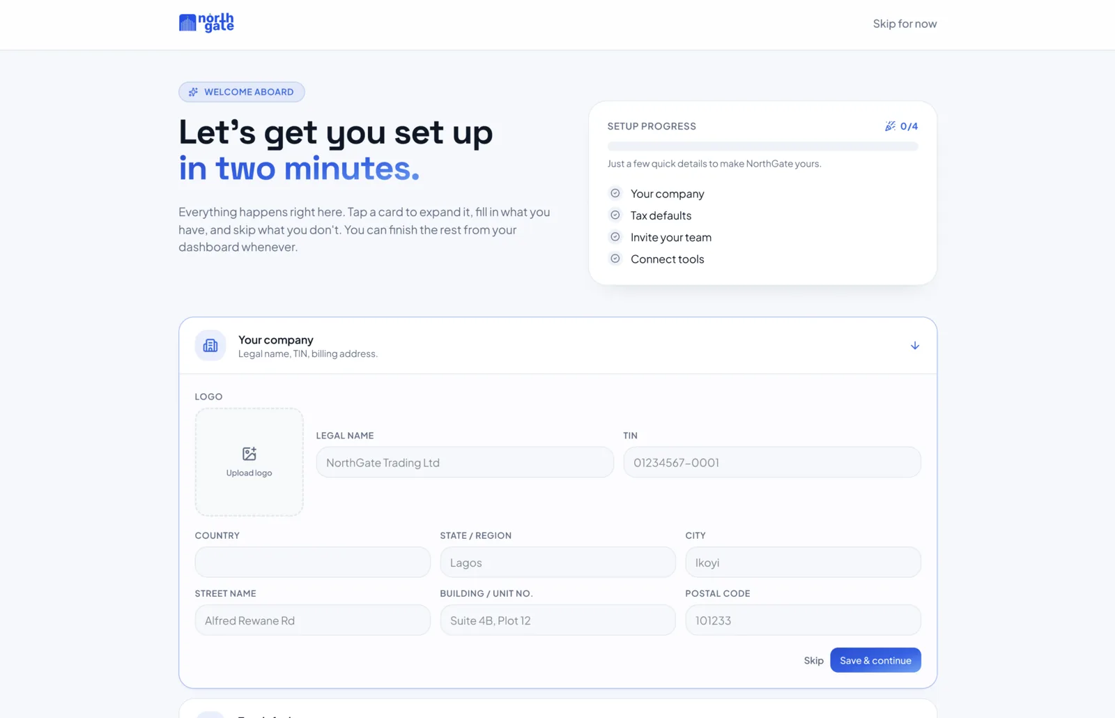 NorthGate E-invoicing onboarding, collecting company legal name, TIN and address.
