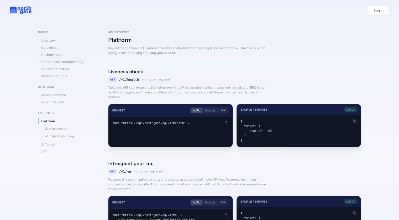 NorthGateOS platform endpoint documentation showing a liveness check and a key introspection call, each with request samples in cURL, Node and Python alongside sample JSON responses.