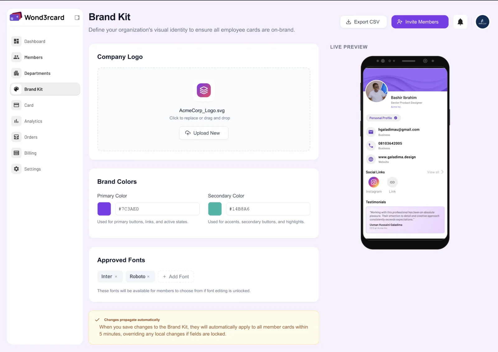 Wond3rcard Brand Kit screen: company logo upload, primary and secondary brand colours, approved fonts, and a live phone preview of a card.