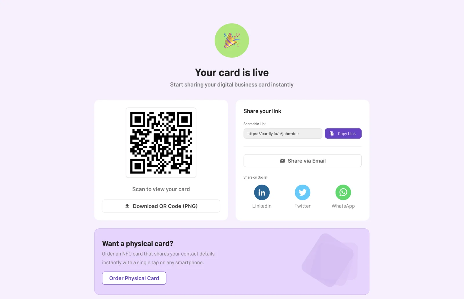 A published Wond3rcard showing its QR code, a copyable share link, and buttons to share by email, LinkedIn, X or WhatsApp.