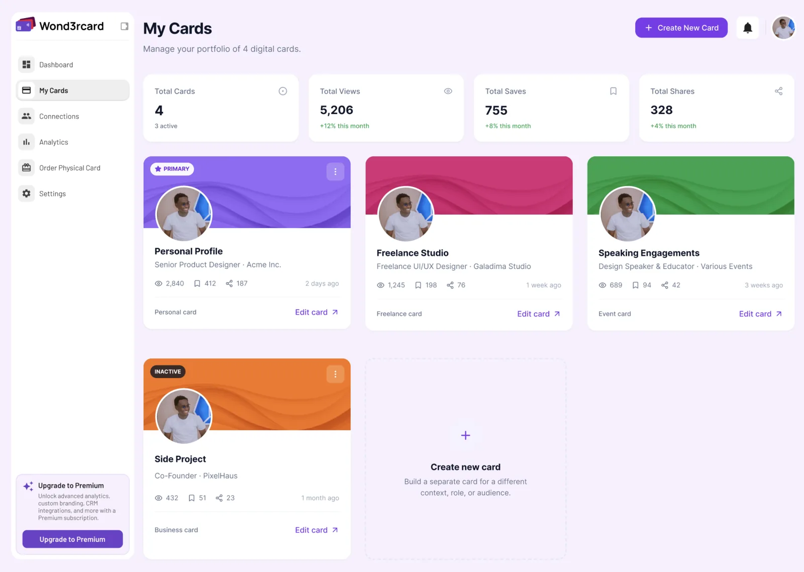 The Wond3rcard dashboard, showing a portfolio of digital cards with their view and share counts.