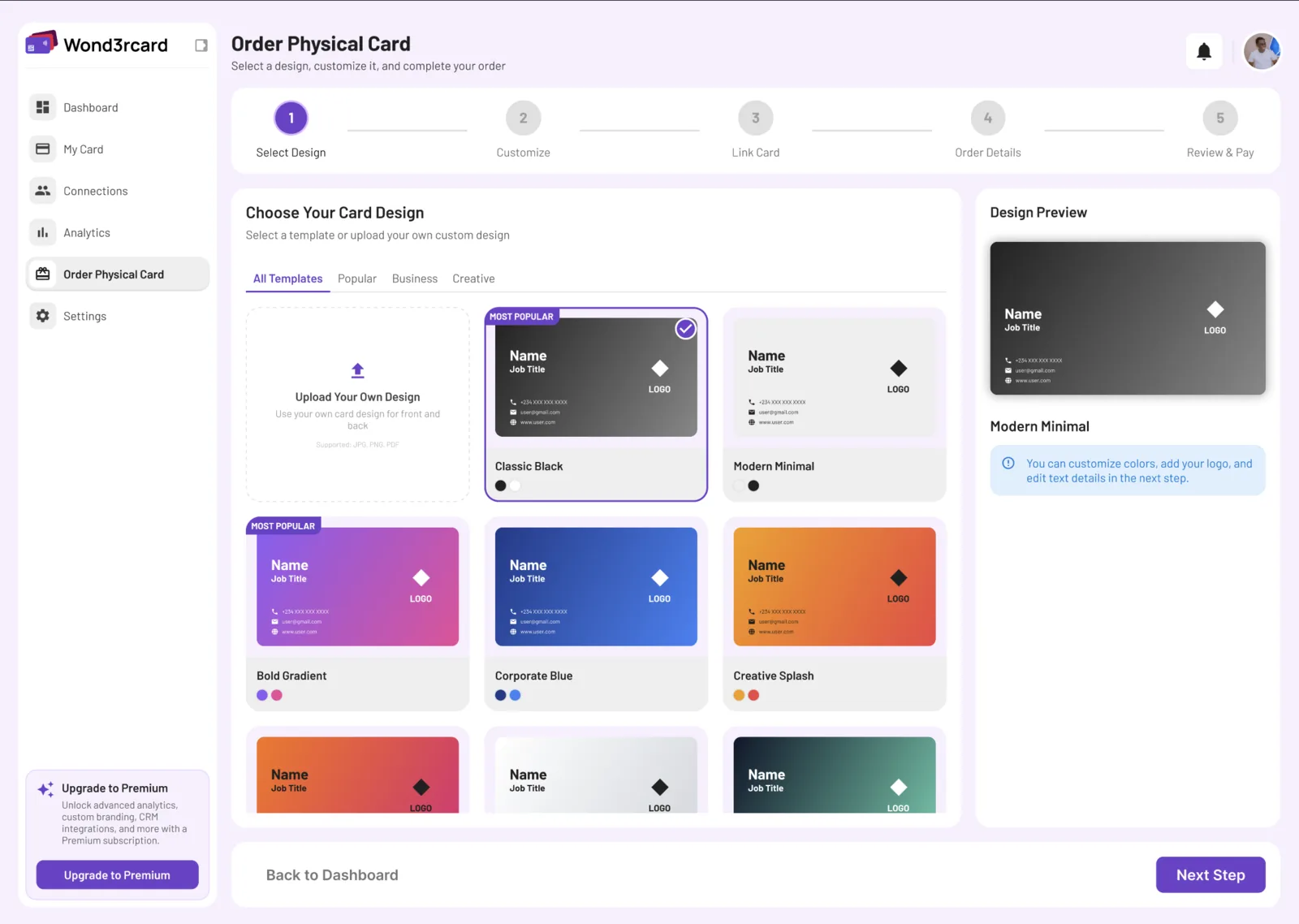 The order flow for a physical NFC card: a five-step wizard on design selection, with card templates and a live design preview.